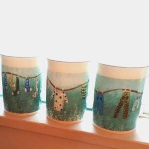 Rose of England bone china mugs clothesline Laundry blue white coffee cup set 3